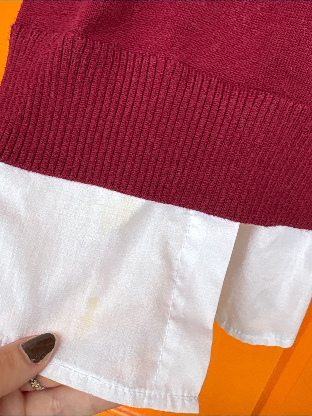 It's Our Time Burgundy Crewneck Sweater with White Shirt Hem